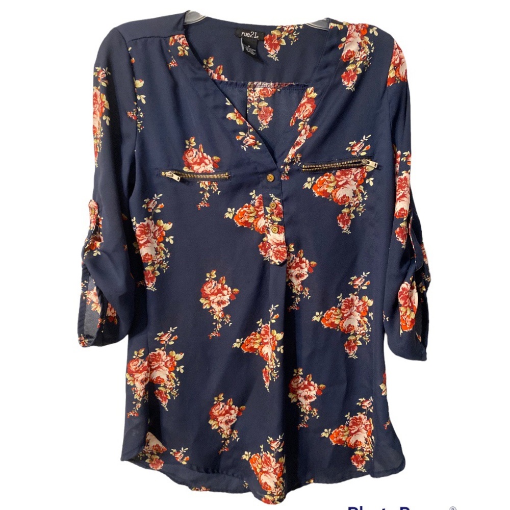 Rue 21 Top Blue Floral V Neck Gold Zip 3/4 Roll Tab Slv Elastic Waist Women’s S